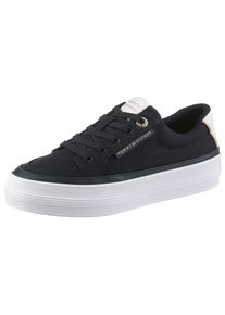 Plateausneaker Tommy Hilfiger "ESSENTIAL VULC TEXTILE SNEAKER", Damen, Gr. 42, blau (dunkelblau), Textil, unifarben mit Farbeinsatz, Schuhe Plateausneaker, Freizeitschuh, Halbschuh, Schn&uuml;rschuh mit goldfarbenen Details