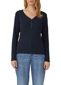 Langarmshirt s.Oliver, Damen, Gr. 42, blau (navy), Rippware, Obermaterial: 95% Baumwolle, 5% Elasthan, unifarben, figurbetont h&uuml;ftbedeckend, V-Ausschnitt, Shirts Langarmshirt, mit kurzer Knopfleiste, in Ripp-Optik