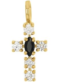 Kreuzanh&auml;nger Amor "2039172", gelb (gelbgoldfarben, kristallwei&szlig;, schwarz, kristallwei&szlig;, schwarz), Schmuckanh&auml;nger, Damen, Gelbgold 375, 0,51 g, Kreuzanh&auml;nger, mit Zirkonia (synth.)