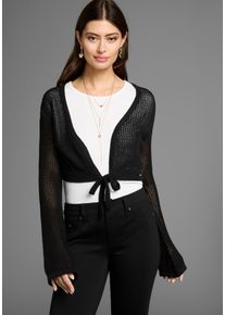 Ajourstrickjacke Laura Scott, Damen, Gr. 36/38, schwarz, Strick, Obermaterial: 50% Baumwolle, 50% Polyacryl, durchscheinend, figurbetont kurz, tiefer V-Ausschnitt, Trompeten&auml;rmel, Strickjacken Ajourstrickjacke, in Netzstrickoptik in Bolero-L&auml;nge