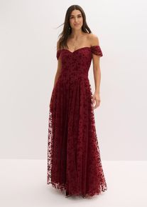 bonprix Abendkleid mit bezaubernder Blumenstickerei, rot, Gr.44, Romantisches Abendkleid aus zartem T&uuml;ll mit Blumenmuster und Carmen-Ausschnitt