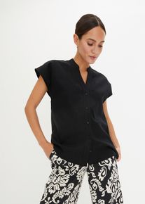 bonprix Kurzarmbluse aus luftigem Leinen-Mix, schwarz, Gr.44, Sommerliche Bluse mit verdeckter Knopfleiste