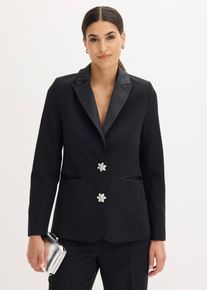 bonprix Blazer mit Schmuckkn&ouml;pfen, schwarz, Gr.34, Modern und feminin: Blazer mit gl&auml;nzendem Satinkragen und Schmuckkn&ouml;pfen