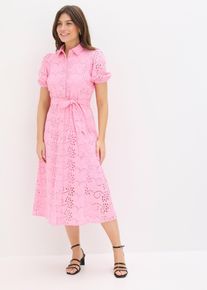 bonprix Blusenkleid aus reiner Baumwolle, rosa, Gr.50, feminines Lochstickerei-Blusenkleid aus reiner Baumwolle mit Bindeband an der Taille und Puff&auml;rmeln, aus 100% Baumwolle
