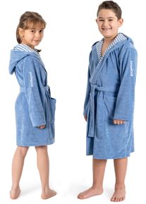 Kinderbademantel Kangaroos "Dalia, Ideal f&uuml;r Zuhause, Schwimmbad oder im Urlaub" Gr. 152, blau, L:102cm, Veloursfrottier, Hausm&auml;ntel, Kinderbademantel, Uni-Farben mit Streifen