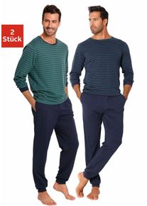 Pyjama Le Jogger, Damen, Gr. 60/62, bunt (petrol, marine), Jersey, Obermaterial: 100% Baumwolle, gestreift, Basic, lang, Rundhals, angesetztes B&uuml;ndchen, Homewear-Sets Pyjama, Schlafanazug lang im Streifendesign