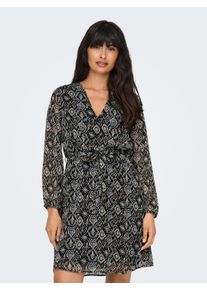 Druckkleid Only "ONLCERA 3/4 SHORT DRESS WVN NOOS", Damen, Gr. M, N-Gr, schwarz (schwarz aop:shana grafic), Jersey, Obermaterial: 100% Polyester, bedruckt, regular fit kniefrei, V-Ausschnitt, elastischer Bund, Kleider Druckkleid, Sommerkleid