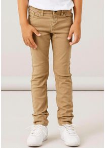 R&ouml;hrenhose name it "NKMTHEO f&uuml;r Jungen mit verstellbarem Bund und schmaler Silhouette", Jungen, Gr. 140, N-Gr, braun (kelp), Twill, Obermaterial: 98% Baumwolle, 2% Elasthan, unifarben, slim fit kn&ouml;chellang, Hosen R&ouml;hrenhose, slim fit, Twill, Rei&szlig;verschluss, uni
