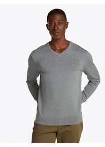 Strickpullover Tommy Hilfiger "ESSENTIAL COTTON V NECK mit V-Ausschnitt und Stickerei", Herren, Gr. 3XL, grau (medium grau heather), Strick, Obermaterial: 100% Baumwolle, meliert, V-Ausschnitt, Rippb&uuml;ndchen, Pullover Strickpullover, unifarben, casual, regular fit, Baumwolle, V-Ausschnitt