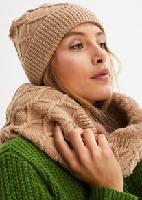 bonprix Schal und M&uuml;tze (2-tlg.Set), beige, Gr.Onesize, Strickset im schlichten Design