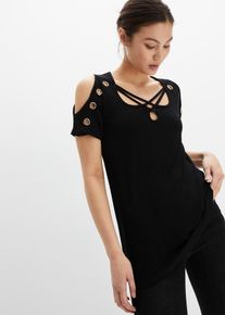 bonprix Shirt mit Straps, schwarz, Gr.36/38 (S), Stylisches Shirt mit Cut-Outs an den &Auml;rmeln und Nietendetails, aus Viskose