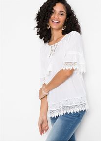 bonprix Tunika mit Spitze aus softer Viskose, wei&szlig;, Gr.44, Aufwendig gearbeitete Tunika mit Spitze und Volants an &Auml;rmeln und Saum, leicht transparentes Material, aus Viskose