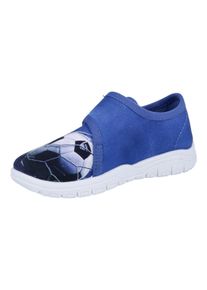 Hausschuh Richter "Mailo", M&auml;dchen, Gr. 27, blau, schwarz mit fu&szlig;ball, Baumwolle, kontrastfarbene Details, Schuhe Hausschuh, Klettschuh, Kindergartenschuh mit Gr&ouml;&szlig;enschablone zum Download