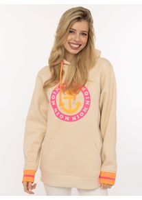 Hoodie Zwillingsherz, Damen, Gr. L/XL, beige, Sweatware, Obermaterial: 50% Baumwolle, 50% Polyester, normal h&uuml;ftlang, hoch geschlossener Ausschnitt, B&uuml;ndchen, Sweatshirts Hoodie, Langarm, Kapuze, Neon-Details, Kordelzug, Frontprint, K&auml;ngurutasche