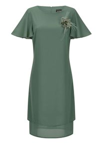 Sommerkleid GOLDNER "Abendkleid mit abnehmbarer Brosche", Damen, Gr. 52, N-Gr, gr&uuml;n (salbei), Obermaterial: 100% Polyester PES., gerade, Kleider Sommerkleid, dekorative Blumenbrosche mit Hotfixsteinen