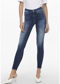 Skinny-fit-Jeans Only "ONLBLUSH LIFE MID SK ANK RAW", Damen, Gr. L (40), L&auml;nge 34, blau (dunkelblau denim), Denim/Jeans, Obermaterial: 92% Baumwolle, 6% Elastomultiester, 2% Elasthan, Abriebeffekte, skinny fit, Jeans Skinny-fit-Jeans