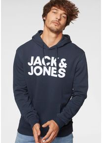 Jack & Jones Kapuzensweatshirt JACK & JONES "JJECORP Kapuze und Frontprint", Herren, Gr. XS, blau (navy blazer), Obermaterial: 61% Polyester, 39% Baumwolle, bedruckt, normal, Rundhals, B&uuml;ndchen, Sweatshirts Kapuzensweatshirt, bedruckt, modisch, regular fit, Baumwollmischung, Rundhals
