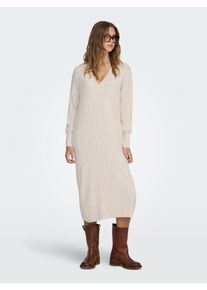 Strickkleid Only "ONLNEW TESSA L/S MIDI V DRESS", Damen, Gr. S, N-Gr, wei&szlig; (pumice stone melange), Strick, Obermaterial: 100% Polyacryl, meliert, unifarben, ca. Mitte Wade, V-Ausschnitt, Kleider Strickkleid, mit tiefem V-Ausschnitt mit breiter Blende