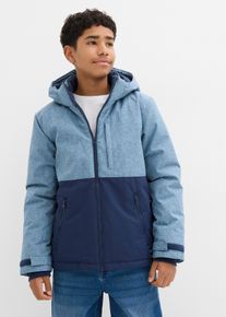 Winterjacke bonprix, Jungen, Gr. 140/146, blau (dunkelblau, wellenblau meliert), Web, Obermaterial: 100% Polyester. Futter: 100% Polyester. Wattierung: 100% Polyester, normal h&uuml;ftbedeckend, Rundhals, mit Riegel B&uuml;ndchen, Jacken Winterjacke, im Colourblocking-Design, mit wattierter Kapuze, windabweisend