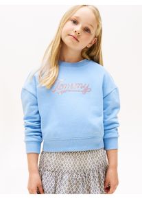 Sweatshirt Tommy Hilfiger "TOMMY SCRIPT SEQUIN SWEATSHIRT", M&auml;dchen, Gr. 14 (164), blau (cloudy blau), Sweatware, Obermaterial: 80% Baumwolle, 20% Polyester, unifarben, regular fit taillenbedeckt, Rundhals, B&uuml;ndchen, Sweatshirts Sweatshirt, f&uuml;r Kinder bis 16 Jahre, Logo-Schriftzug mit bunten Pailletten