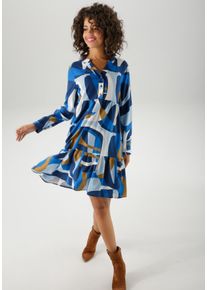 Tunikakleid Aniston CASUAL, Damen, Gr. 36, N-Gr, marine, royalblau, hellblau, wollwei&szlig;, dunkelbeige, Web, Obermaterial: 100% Viskose, bedruckt, gemustert, l&auml;ssig geschnitten knieumspielend, V-Ausschnitt, 1-Knopf-Manschette, Kleider Tunikakleid, mit gro&szlig;fl&auml;chigem, grafischen Druck