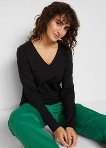 Langarmshirt bonprix, Damen, Gr. 36/38 (S), schwarz, Jersey, Obermaterial: 95% Baumwolle, 5% Elasthan, unifarben, schmal Po-bedeckend, V-Ausschnitt, Shirts Langarmshirt, schmal geschnittene Passform, V-Ausschnitt