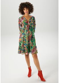 Tunikakleid Aniston CASUAL, Damen, Gr. 42, N-Gr, rot (gr&uuml;n, orange, malve, bordeaux, blau, apricot, ocker, wei&szlig;, pink), Chiffon, Obermaterial: 100% Polyester. Futter: 100% Polyester, bedruckt, gebl&uuml;mt, figurumspielend kniefrei, V-Ausschnitt, elastischer Bund mit Gummizug, Kleider Tunikakleid, mit fantasievollem, grafischen Blumendruck