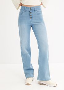 Straight-Jeans bonprix "Straight-Jeans High Waist, Stretch", Damen, Gr. 36, N-Gr, blau (hellblau denim used), Denim/Jeans, Obermaterial: 82% Baumwolle, 17% Polyester, 1% Elasthan, unifarben, regular fit lang, Jeans Straight-Jeans, Regular Fit, mit Elasthan-Anteil, mit 5-Knopf-Form