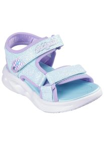 Sandale Skechers "SOLA GLOW SANDAL", M&auml;dchen, Gr. 28, bunt (hellblau, lavendel), Lederimitat, Textil, Glitzer, kontrastfarbene Details, Schuhe Sandale, Sommerschuh mit Klettverschluss, Gr&ouml;&szlig;enschablone zum Download