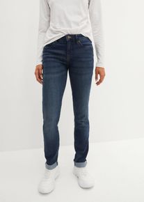 Straight-Jeans bonprix "Straight Jeans Mid Waist, Stretch", Damen, Gr. 36, K-Gr, blau (dunkelblau used), Denim/Jeans, Obermaterial: 82% Baumwolle, 17% Polyester, 1% Elasthan, regular fit kn&ouml;chelfrei, Jeans Straight-Jeans, Regular Fit, mit Aufschlag, im Five-Pocket-Style