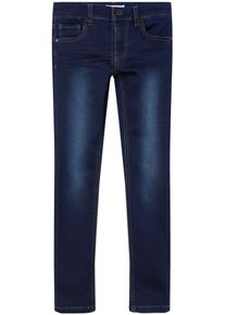 Slim-fit-Jeans name it "NKMTHEO XSLIM SWE JEANS 3113-TH NOOS", M&auml;dchen, Gr. 122, N-Gr, blau (dunkelblau denim), Denim/Jeans, Obermaterial: 70% Baumwolle, 27% Polyester, 3% Elasthan, Abriebeffekte, slim fit lang, Jeans Slim-fit-Jeans