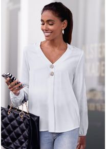 Langarmbluse Lascana, Damen, Gr. 36, wei&szlig;, Web, Obermaterial: 100% Viskose, unifarben, figurumspielend h&uuml;ftlang, V-Ausschnitt, elastischer Bund, Blusen Langarmbluse, mit modischen Kn&ouml;pfen