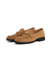 Loafer Tommy Hilfiger "TH CHAIN FRINGE SUEDE LOAFER", Damen, Gr. 39, braun (camelfarben), Veloursleder, Schuhe Loafer, Blockabsatz, Slipper, Businessschuh mit goldfarbener Logo-Zierkette
