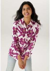 Hemdbluse Aniston SELECTED, Damen, Gr. 38, rosa (pink, rosa, gelb, schwarz), Web, Obermaterial: 100% Viskose, bedruckt, gebl&uuml;mt, figurumspielend h&uuml;ftbedeckend, 2-Knopf-Manschette, Blusen Hemdbluse, mit malerisch gro&szlig;en Bl&uuml;tendruck