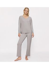 Pyjama Triumph "Timeless Sensuality PK LSL", Damen, Gr. 44, grau (silent grau), Single Jersey, 94% Modal, 6% Elasthan, unifarben, normal normal, V-Ausschnitt, Homewear-Sets Pyjama, atumgsaktiv und weich