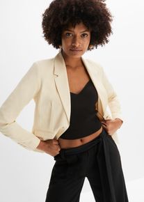 Kurzblazer bonprix "Kurzblazer", Damen, Gr. 50, beige (kieselbeige), Obermaterial: 95% Polyester, 5% Elasthan. Futter: 100% Polyester, festlich, slim fit, Blazer Kurzblazer, eleganter Stil, Slim Fit, aus Polyester und Elasthan
