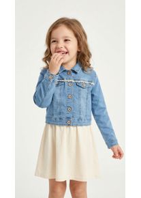 Jeansjacke happy girls, M&auml;dchen, Gr. 116, jeans blau, Denim/Jeans;Twill, Obermaterial: 98% Baumwolle, 2% Elasthan, kontrastfarbene Details, unifarben, Basic taillenlang, 1-Knopf-Manschette mit Schlitz, Jacken Jeansjacke, mit tollem Spitzendetail