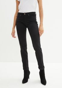 Straight-Jeans bonprix "Straight Jeans Mid Waist, Stretch", Damen, Gr. 40, K-Gr, schwarz twill (l&auml;nge: kurz), Denim/Jeans, Obermaterial: 97% Baumwolle, 3% Elasthan, regular fit kn&ouml;chelfrei, Jeans Straight-Jeans, Regular Fit, mit Aufschlag, im Five-Pocket-Style