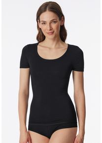 Kurzarmshirt Schiesser "Personal Fit", Damen, Gr. M, schwarz, Single Jersey, Obermaterial: 55% Viskose, 25% Polyester, 20% Elasthan, figurbetont h&uuml;ftbedeckend, tiefer Rundhals, Shirts Kurzarmshirt, Rundhalsausschnitt, Single Jersey, ohne st&ouml;rende Seitenn&auml;hte