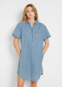 Jeanskleid bonprix, Damen, Gr. 36, N-Gr, blau (eisblau denim used), Denim/Jeans, Obermaterial: 100% Baumwolle, unifarben, oversize knielang, V-Ausschnitt, angesetztes B&uuml;ndchen, Kleider Jeanskleid, Casual, aus Baumwolle, Oversize Passform