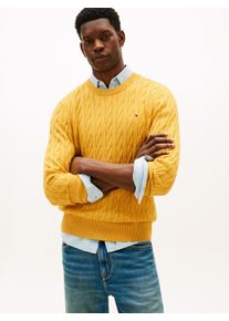 Strickpullover Tommy Hilfiger "CLASSIC CABLE CREW NECK mit Strukturstrick und Flaglabel", Herren, Gr. L, morning side gelb heather, Obermaterial: 100% Baumwolle, Rundhals, B&uuml;ndchen, Pullover Strickpullover, unifarben, casual, regular fit, Baumwolle, Rundhals