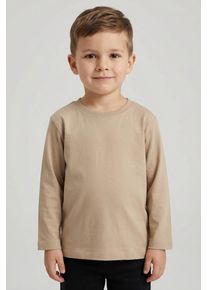 Langarmshirt name it "NMMVOBBO LS NREG TOP NOOS", Jungen, Gr. 116, beige (pure cashmere), Jersey, Obermaterial: 100% Baumwolle, unifarben, normal normal, Rundhals, abgesteppte Kante, Shirts Langarmshirt, in Basic-Form