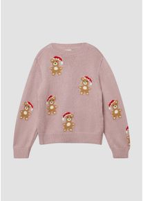 Weihnachtspullover s.Oliver JUNIOR, M&auml;dchen, Gr. 104/110, light rose, Web, Obermaterial: 55% Baumwolle, 45% Polyacryl, Intarsienmuster, regular fit h&uuml;ftlang, Rundhals, Pullover Weihnachtspullover, Rundhals, Regular Fit, Teddy-Motiv