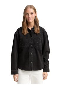 Jeansjacke Tom Tailor Denim, Damen, Gr. M, schwarz stone wash denim, Denim/Jeans, Obermaterial: 100% Baumwolle, unifarben, regular fit normal, Manschette, Jacken Jeansjacke, mit Strasssteinen