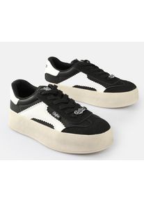 Plateausneaker Buffalo "CAJO", Damen, Gr. 39, schwarz-wei&szlig; (schwarz, wei&szlig;), Lederimitat, Schuhe Plateausneaker, Schn&uuml;rschuh, Halbschuh, Retro-Sneaker, Freizeitschuh zum Schn&uuml;ren