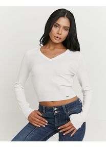 Strickpullover Tally Weijl "SPUVISMARTI", Damen, Gr. M, sanftes wei&szlig;, Strick, Obermaterial: 68% Viskose, 32% Nylon, figurbetont normal, V-Ausschnitt, Pullover Strickpullover, Viskosemischung, Basic, k&uuml;rzer geschnitten