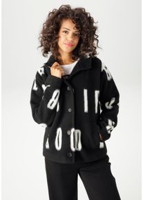 Fleecejacke Aniston CASUAL, Damen, Gr. 44, schwarz-wei&szlig; (schwarz, wei&szlig;), Fleece, Obermaterial: 100% Polyester. Futter: 100% Polyester, gemustert, l&auml;ssig geschnitten h&uuml;ftlang, Jacken Fleecejacke, mit gro&szlig;fl&auml;chigem "GOOD VIBES"-Schriftzug, Topseller
