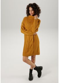 Strickkleid Aniston CASUAL, Damen, Gr. 34, N-Gr, gelb (ocker), Grobstrick, Obermaterial: 100% Polyacryl, unifarben, oversize kniefrei, Rippstrickb&uuml;ndchen, Kleider Strickkleid, mit extravagantem Zopfmuster