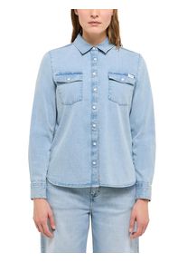 Hemdbluse Mustang "Damen Style Sedana Basic Shirt", Damen, Gr. 42, blau 311, Denim/Jeans, 100% Baumwolle, unifarben, regular fit, Blusen Hemdbluse