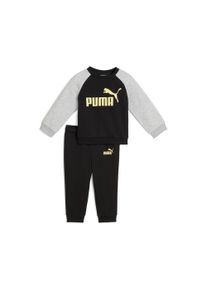 Trainingsanzug Puma "MINICATS ESS RAGLAN CREW SET FL INF", Jungen, Gr. 68, schwarz (Puma schwarz, gold moon), Fleece, Obermaterial: 68% Baumwolle, 32% Polyester, unifarben, regular fit, Sportanz&uuml;ge Trainingsanzug, mit Kapuze, mit innenliegendem Kordelzug an der Hose